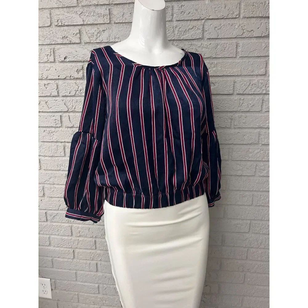 OLM Women Navy Satin Striped Blouse Top Size M